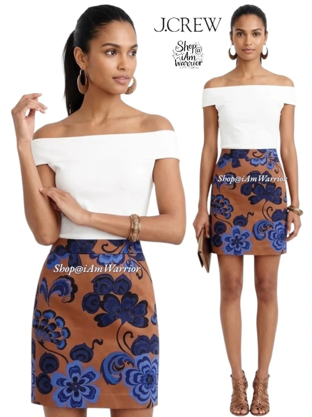 J.Crew brown & sapphire blue floral stretch cotton pencil skirt *shop@iamwarrior